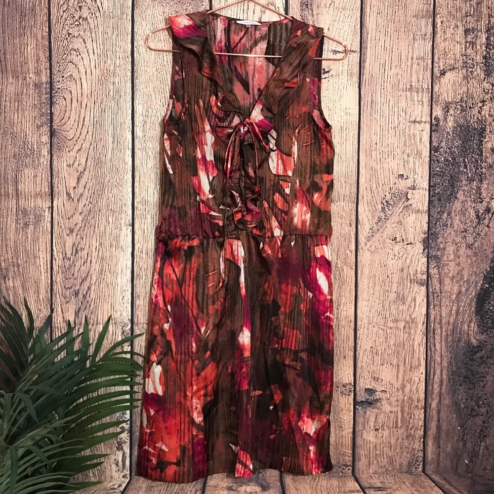 Calvin Klein Sheath Dress 12 Brown Red Ruffle
